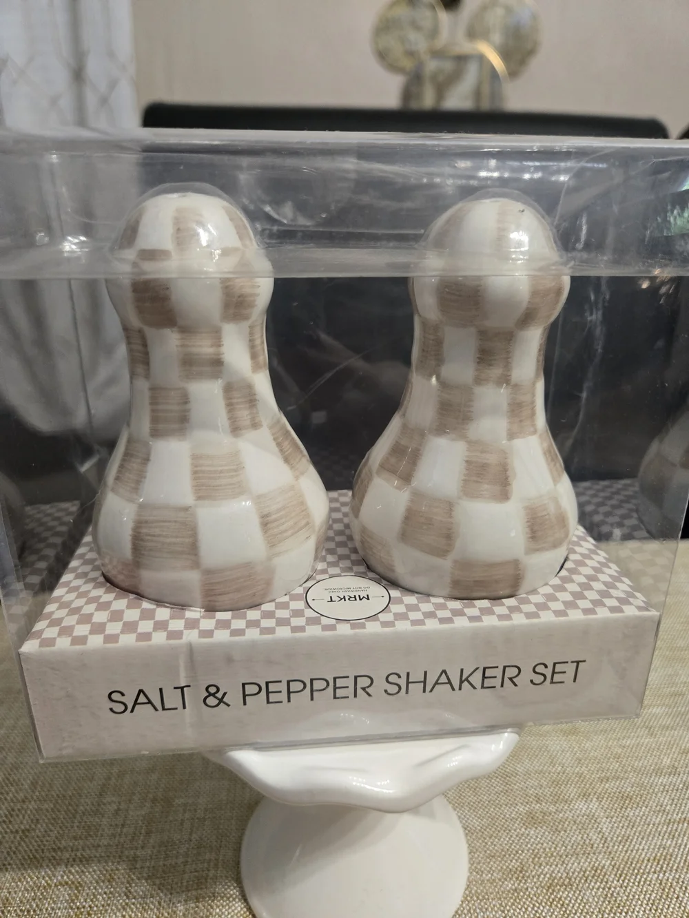 MIRKT Beige Check Ceramic Salt & Pepper Shaker Set